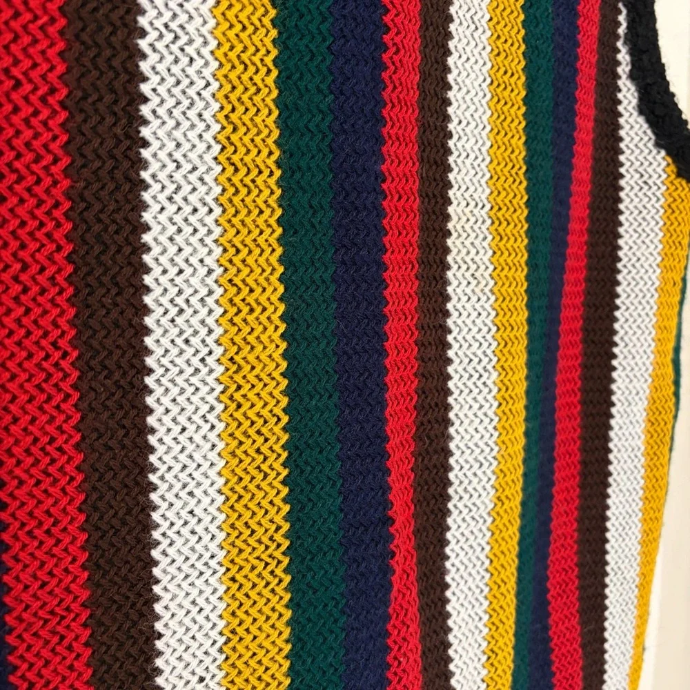 Vintage Sears Cardigan Sweater Vest Striped Fringe 60s 70s Boho Hippie Mod Knit